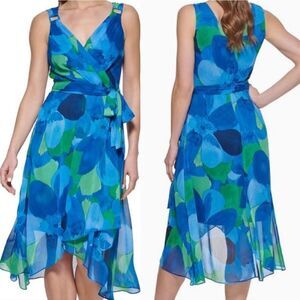 DKNY Blue Green Printed Faux Wrap Asymmetrical Midi Dress Plussize 14